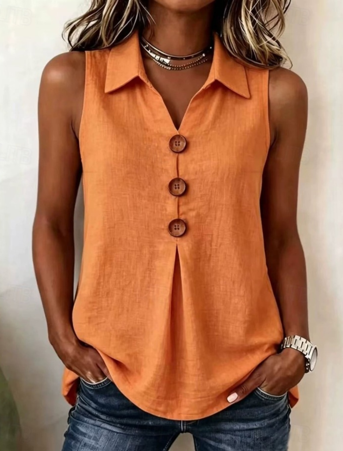 Women's Cotton Linen Blouse Buttons Solid Color Vacation Daily Casual Sleeveless 3/4 Length Sleeve V Neck Regular Tops Casual Daily Going out Khaki Red Orange Green Summer Spring Fall