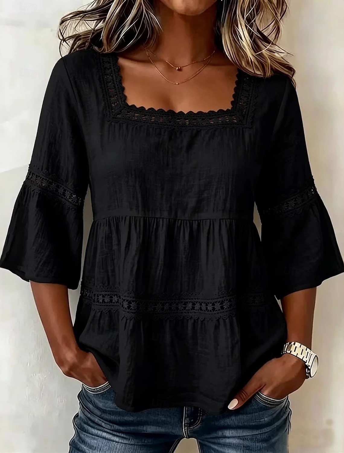 Women's Linen-feel Shirts Blouse Lace Trim Solid Color Daily Stylish Basic 3/4 Length Sleeve Square Neck Regular Tops Casual Daily Blue White Pink Navy Blue Green Summer Spring Fall