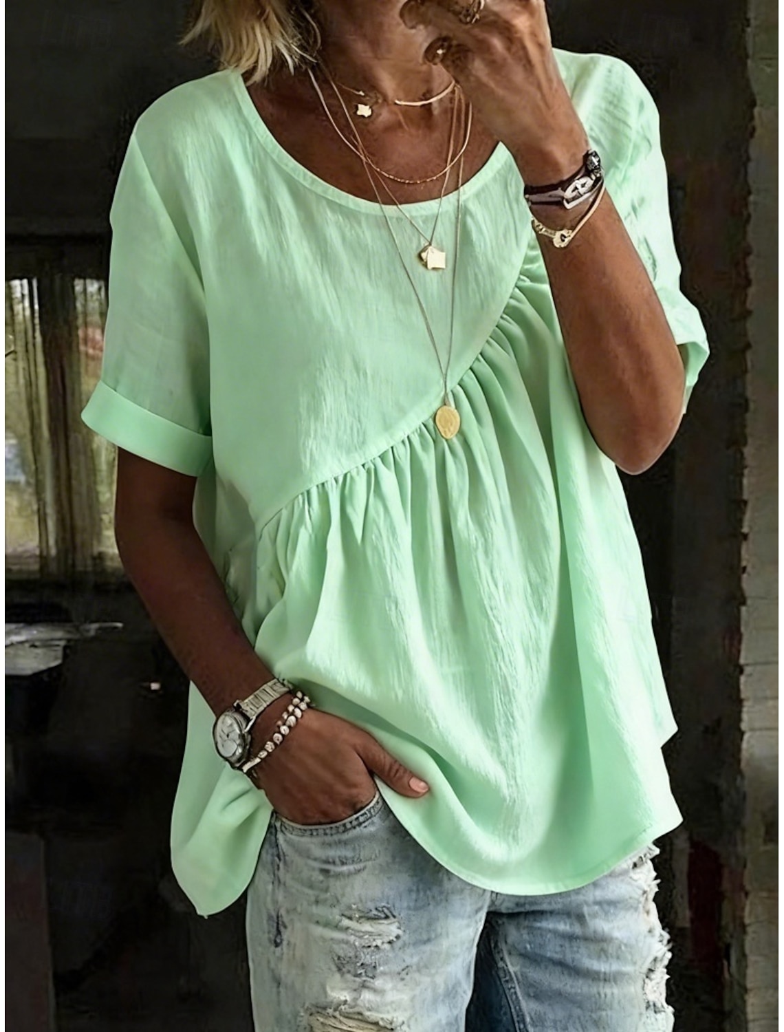 Women's Blouse Cotton Shirt Ruched Solid Color Daily Stylish Basic Short Sleeve Crew Neck Regular Tops Daily Blue White Yellow Pink Green Summer Spring Fall