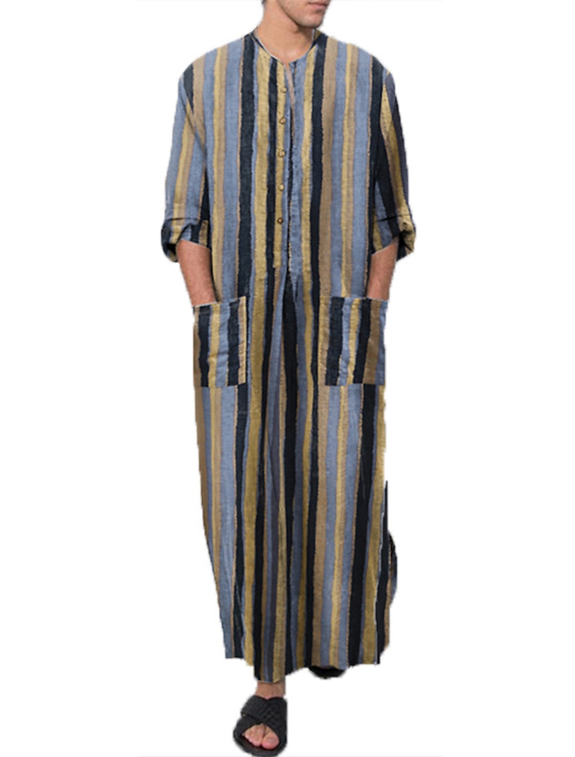 Men's Plus Size Pajamas Robes Gown Nightgown Sleepwear 1PC Stripes Muslim Daily Cotton Blend Comfort Breathable Pocket Spring & Fall Blue Photo Color