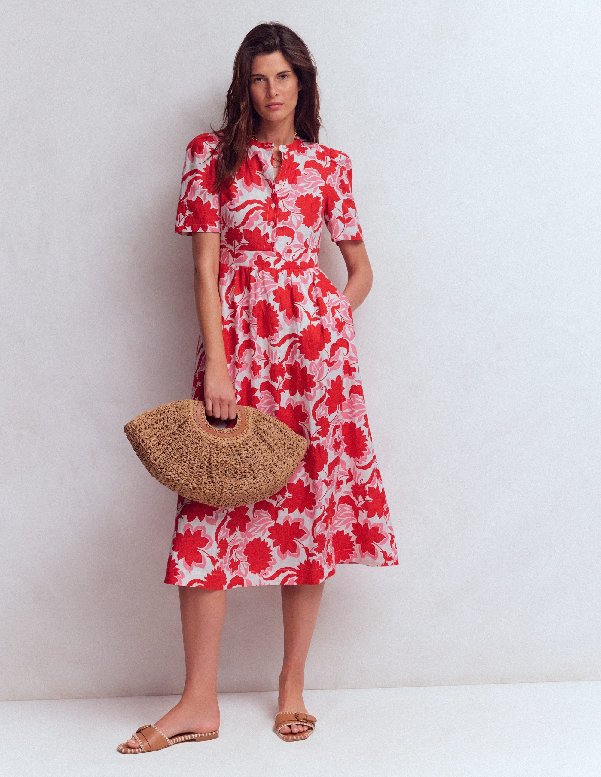 Ivy Placket Linen Midi Dress