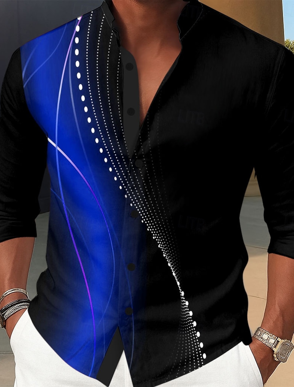 Men's Geometric Gradient Waves Shirt Stand Collar Long Sleeve Fashion