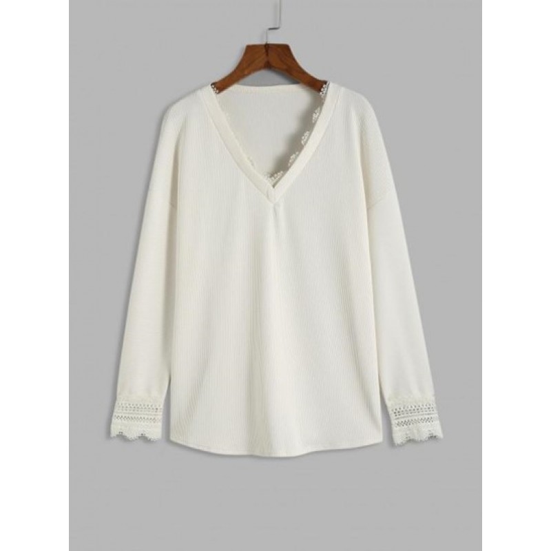 Lace Panel Solid V Neck Top FC4931