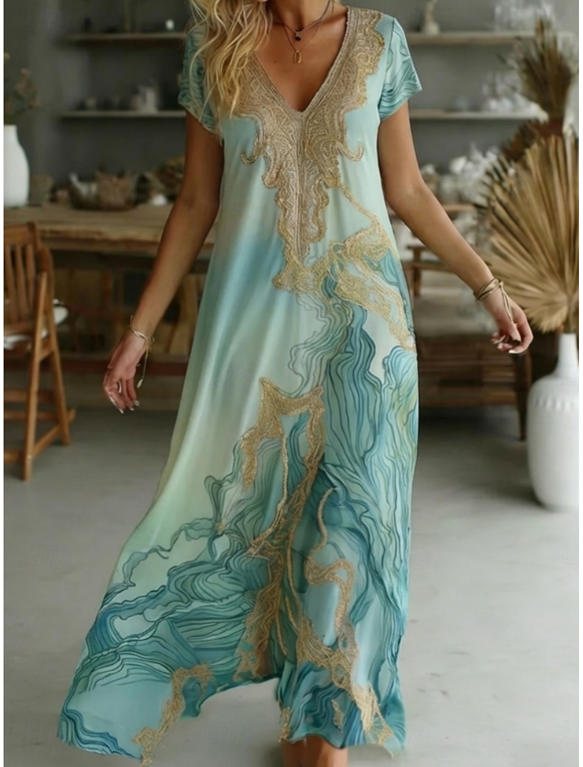 Women's Maxi Dress Casual Dress Print Dress Elegant Fashion Modern Outdoor Beach Vacation Loose Fit Graphic Short Sleeve V Neck Blue Summer Spring