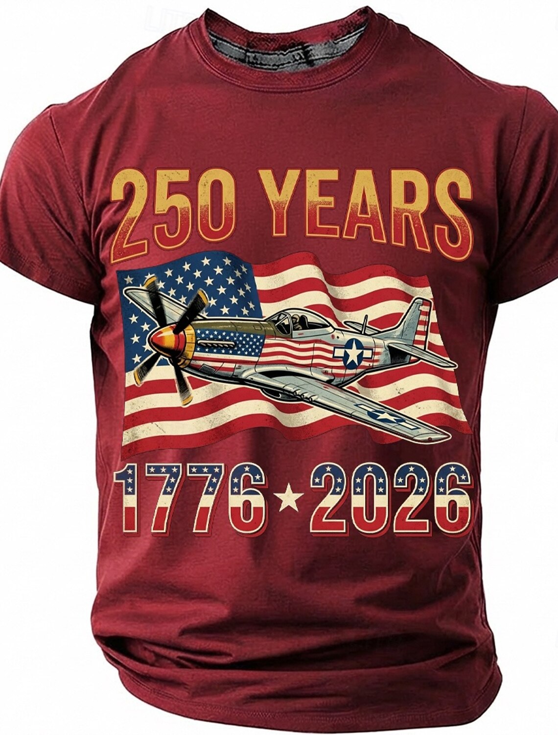 250th Anniversary July 4th 2026 Men's 250 Years 1776-2026 P-51 Mustang Fighter Plane Graphic T Shirt Short Sleeve Crew Neck Patriotic USA Flag Aviation Veteran Gift Designer Clothing Apparel