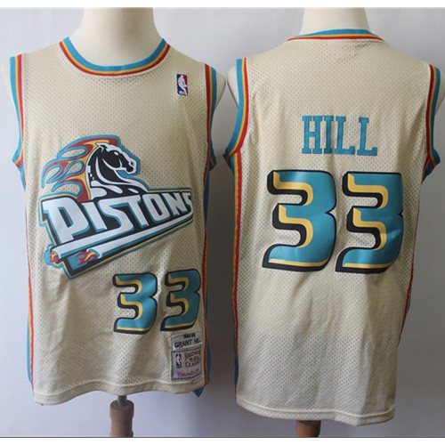 Mitchell And Ness Detroit Pistons #33 Grant Hill Cream Throwback Stitched NBA Jersey Mens