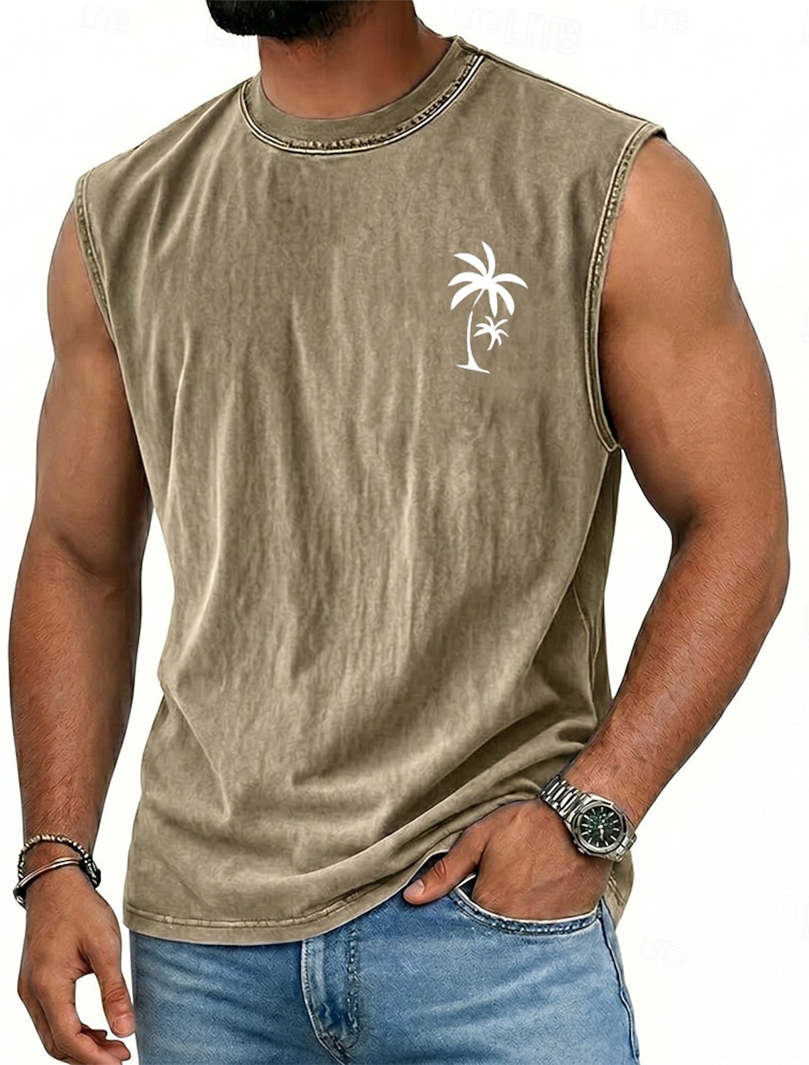 SoftFade™ Men's Coconut Tree T Shirt Demin Shirt 100% Cotton Acid Wash Shirt Short Sleeve Vintage Streetwear Casual Home Street Summer Spring Black Light Green Light Blue Stand