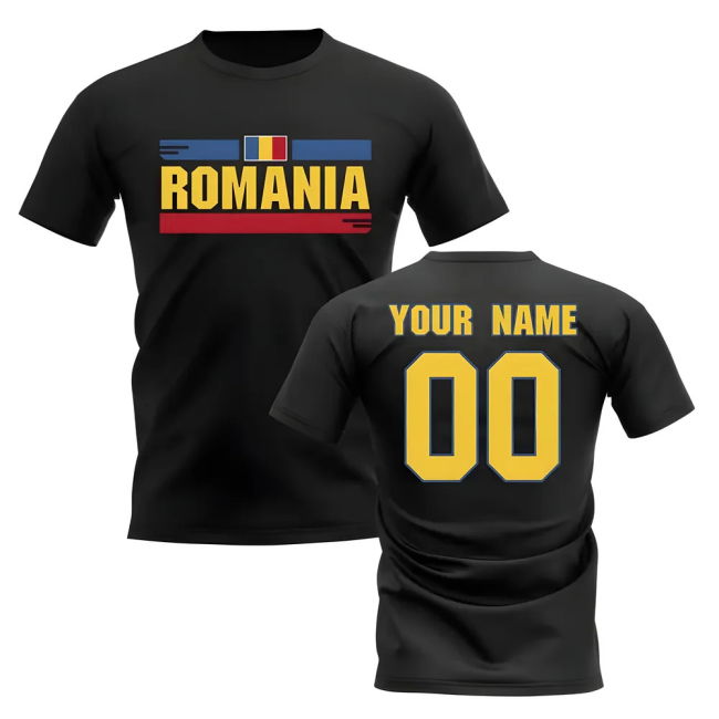 Personalised Romania Fan Football T-Shirt (Black) Holland