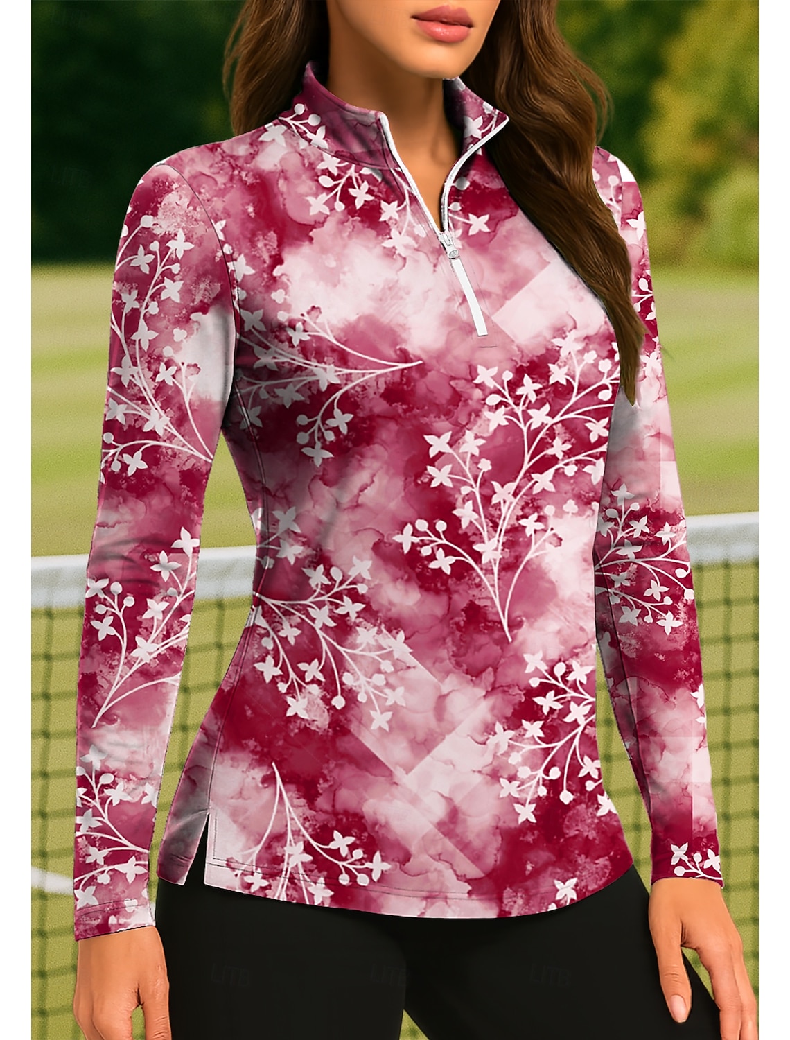 Women's Tie Dye Plants Tropical Floral Botanical Tops Golf Polo Shirt Tennis Shirt Tennis Tee Long Sleeve Print Quarter Zip Pullover UPF50+ UV Protection Elastic Breathable Tennis Golf Pickleball Zip