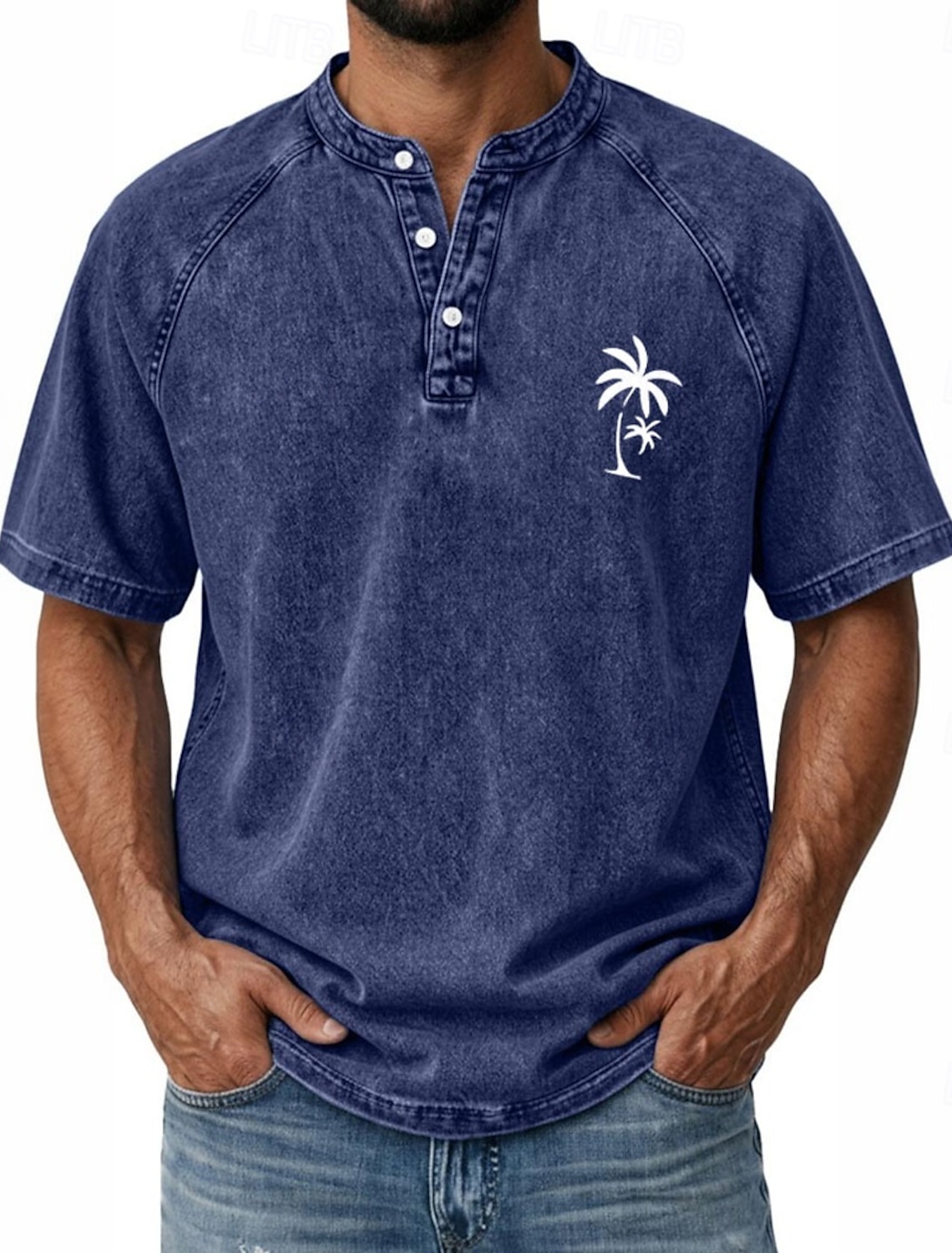 SoftFade™ Men's Coconut Tree T Shirt Demin Shirt 100% Cotton Acid Wash Shirt Short Sleeve Vintage Streetwear Casual Home Street Summer Spring Black Light Green Light Blue Stand