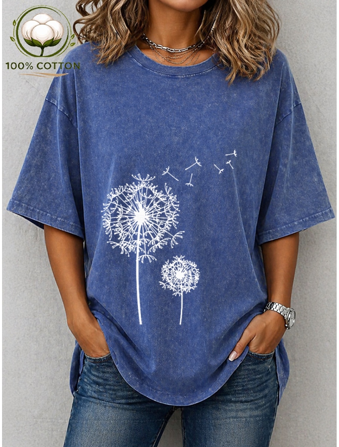 Women's 100% Cotton T Shirt Shirt Vintage Washed Tops Print Graphic Plants Stylish Basic Classic Short Sleeve Crew Neck Round Neck Regular Tops Casual Daily Blue Avocado Green Black Pink Purple