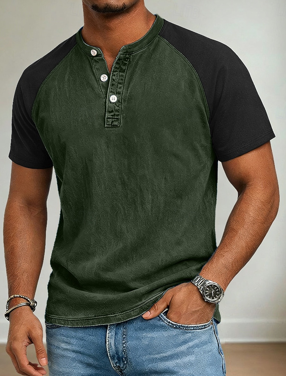 Men's Henley Shirt 100% Cotton Acid Wash Short Sleeve Spring & Summer