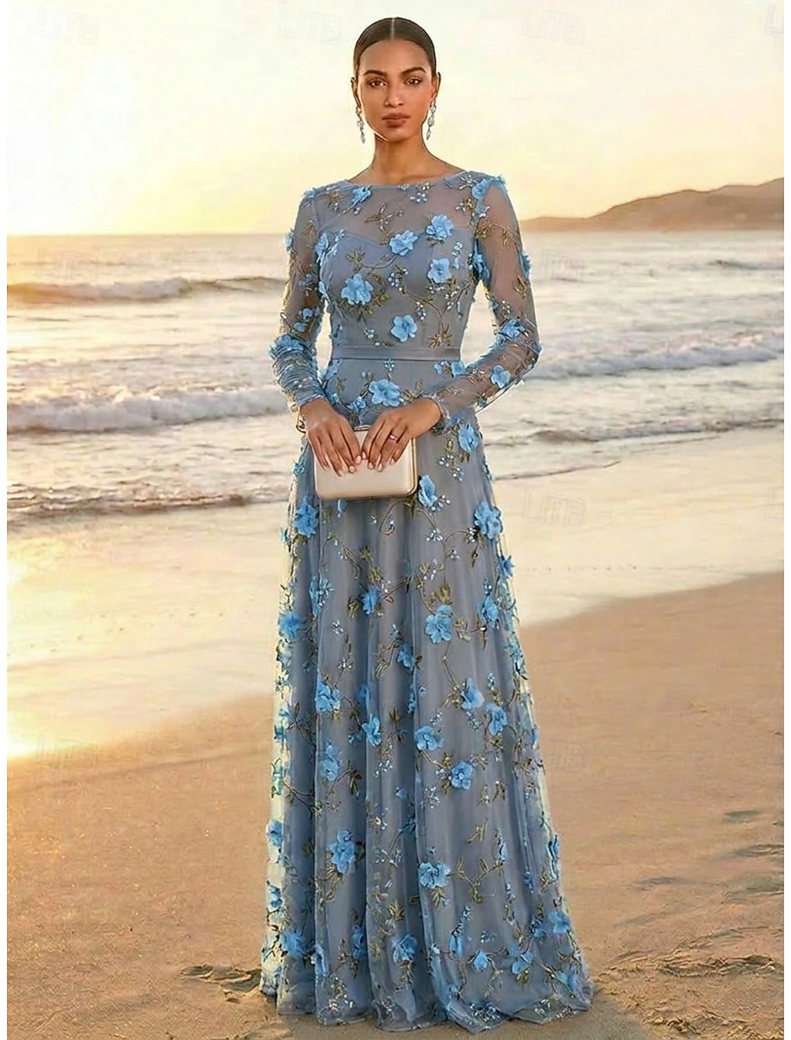 A-Line Dress Floor Length Party Dress Mother of the Bride Dress Long Sleeve Crew Neck Illusion Neck Elegant Vintage Luxurious Formal Wedding Guest Kentucky Derby Lace Tulle with 3D Flowers Embroidery
