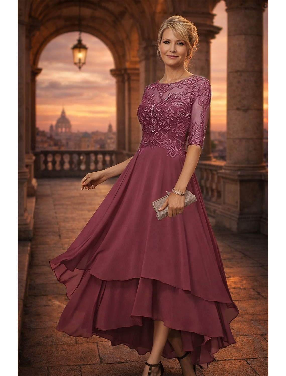 A-Line Asymmetrical Party Dress Cocktail Dress Wedding Guest Dress Mother of the Bride Dress Half Sleeve Boat Neck Elegant Simple Formal Wedding Guest with Solid Color