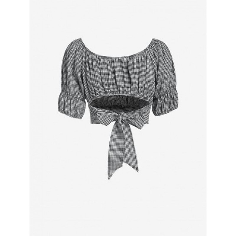 Gingham Puff Sleeve Crossover Blouse HB6489