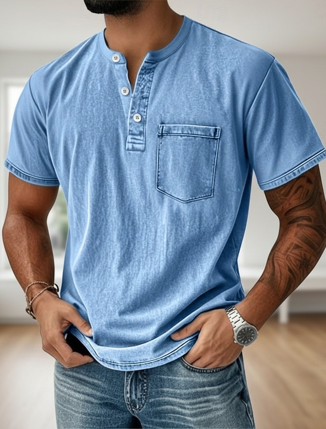 Men's Henley Shirt 100% Cotton Acid Wash T Tee Short Sleeve Solid #1