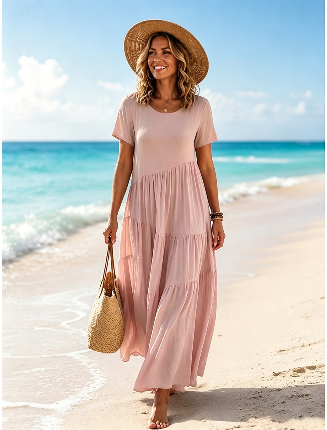 Women's Vintage Crew Neck Ruffle Pleated Asymmetric Maxi Dress Khaki Black White Pink Summer