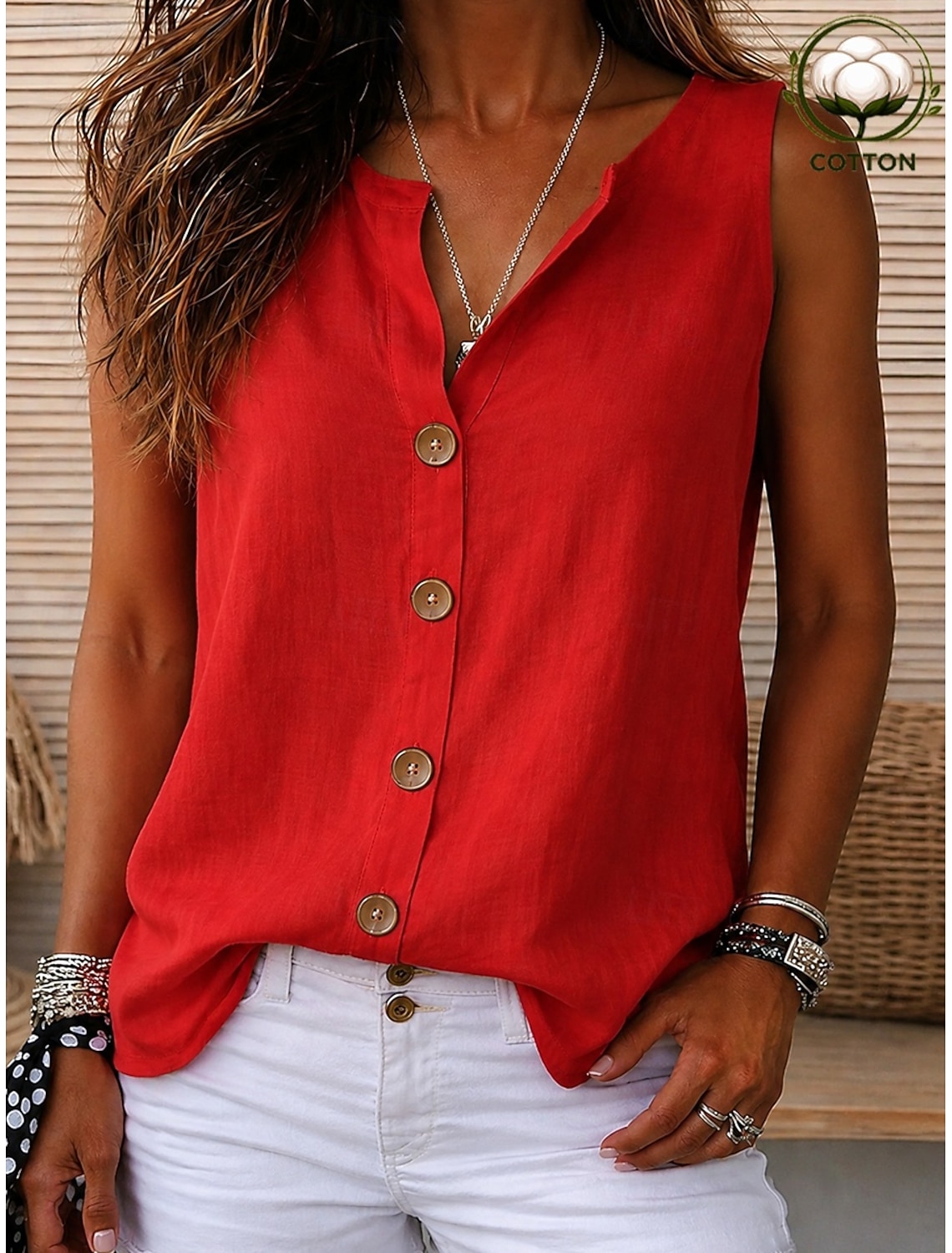 Women's Linen Shirts Blouse Buttons Solid Color Daily Casual 3/4 Length Sleeve V Neck Regular Tops Daily Black White Red Orange Green Summer Spring Fall