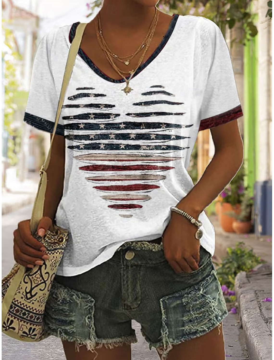 American Independence Day Women's T Shirt Print Graphic Letter American Flag Stylish Classic Casual Short Sleeve V Neck Regular Tops Casual Daily Blue White Gray Summer Spring