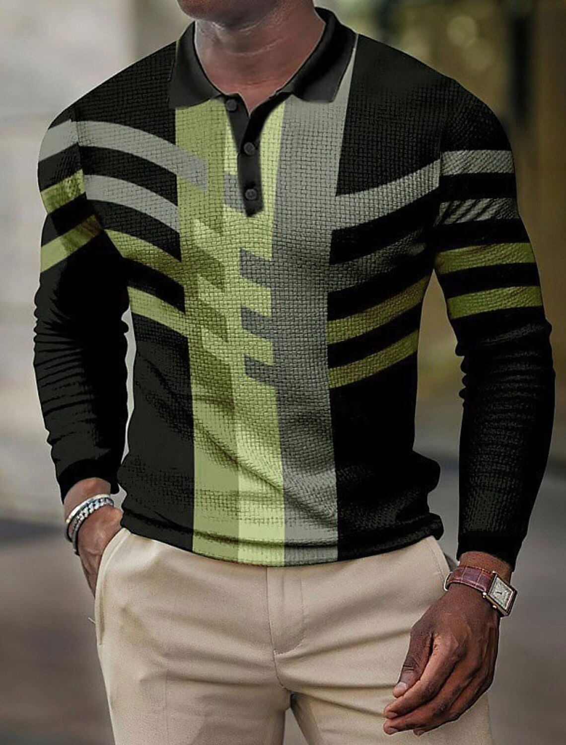 Men's Plaid Waffle Polo Shirts Golf Shirt Long Sleeve Collared Vintage