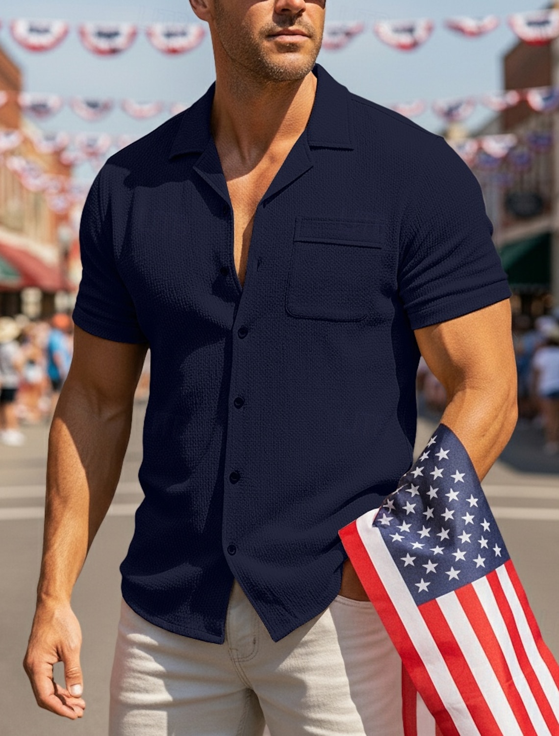 Men's Shirt Summer Shirt Beach Wear Seersucker Shirt Solid Color Casual Vacation Blue Black White Khaki Short Sleeve Shirt Collar Summer Spring Clothing Apparel Pocket