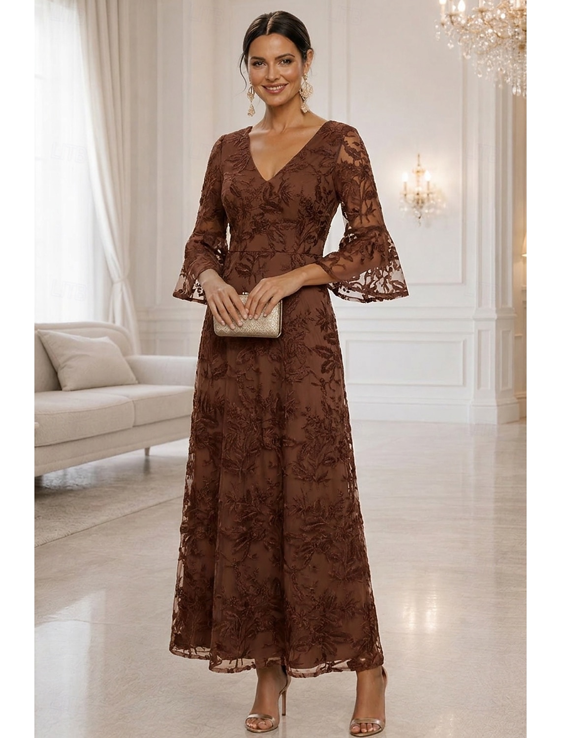 A-Line Dress Floor Length Ankle Length Cocktail Dress Mother of the Bride Dress 3/4 Length Sleeve V Neck Elegant Simple Casual Formal Wedding Guest Semi Formal Lace with Embroidery Appliques