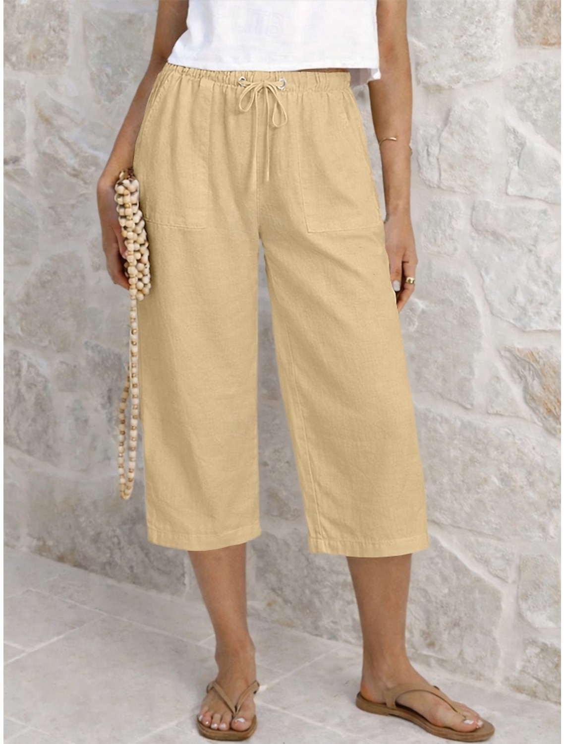 Women's Capri Pants Summer Shorts Cropped Pants Linen Capri Pants Fashion Basic Calf-Length Medium Waist Plain Drawstring Pocket Elastic Waist Lightweight Breathable Inelastic Vacation Street Daily