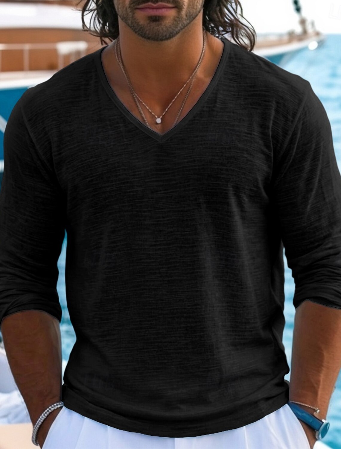 Men's Tee Top Linen T-Shirt Long Sleeve V Neck Summer Spring & Soli #1