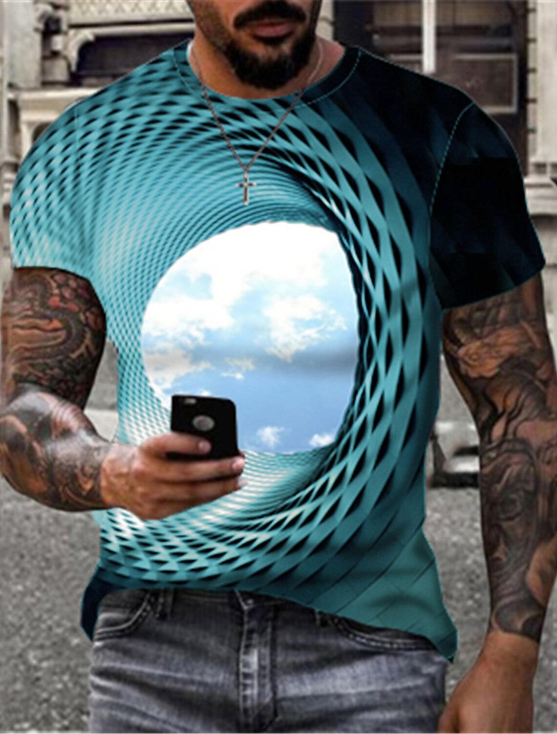 Men's Optical Illusion Clouds T Shirt Short Sleeve 3D Print Round Neck
