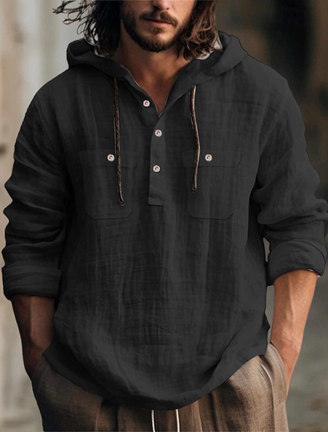 Men's Shirt Linen Shirt Summer Shirt Beach Shirt Hooded Shirt Plain Casual Daily Black White Blue Brown Long Sleeve Hooded Spring & Summer Clothing Apparel
