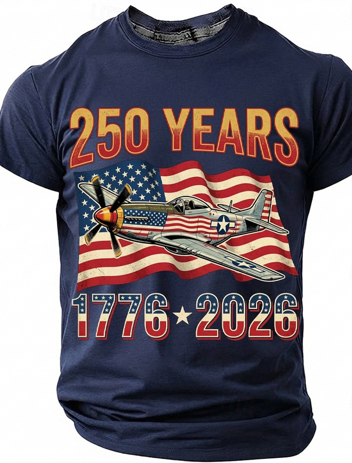 250th Anniversary July 4th 2026 Men's 250 Years 1776-2026 P-51 Mustang Fighter Plane Graphic T Shirt Short Sleeve Crew Neck Patriotic USA Flag Aviation Veteran Gift Designer Clothing Apparel