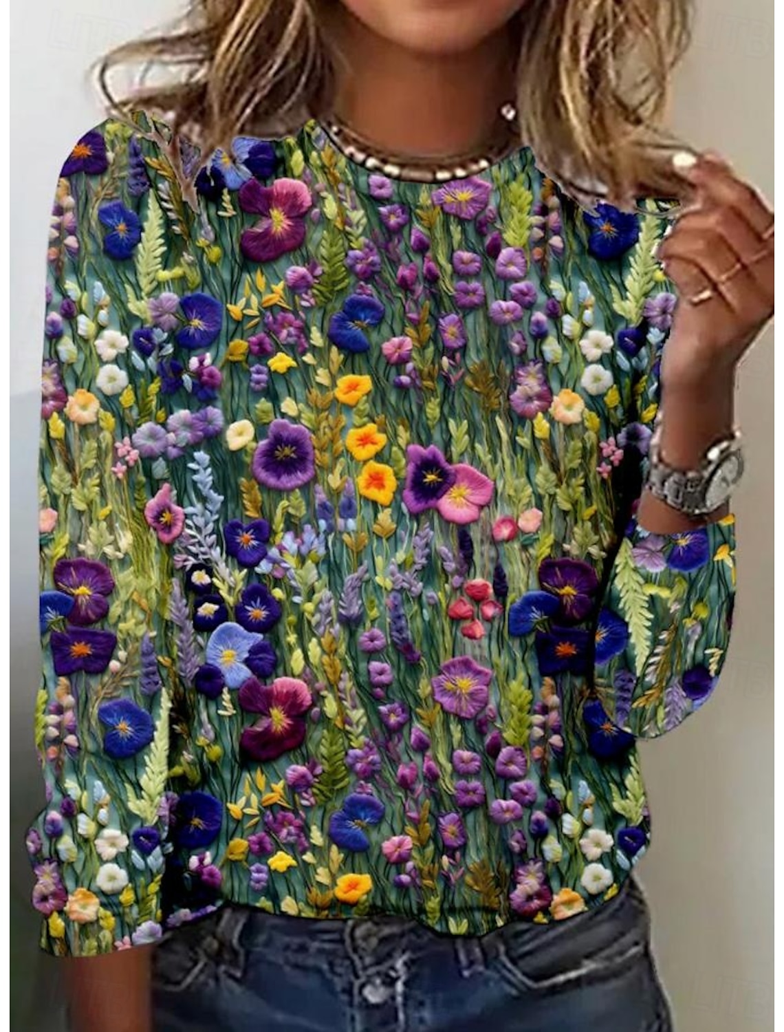 Women's T shirt Long Sleeve Crew Neck Long Sleeve Tunic Floral Elegant Vintage Regular Tops Daily Going out Weekend Print Sage Green Prefall
