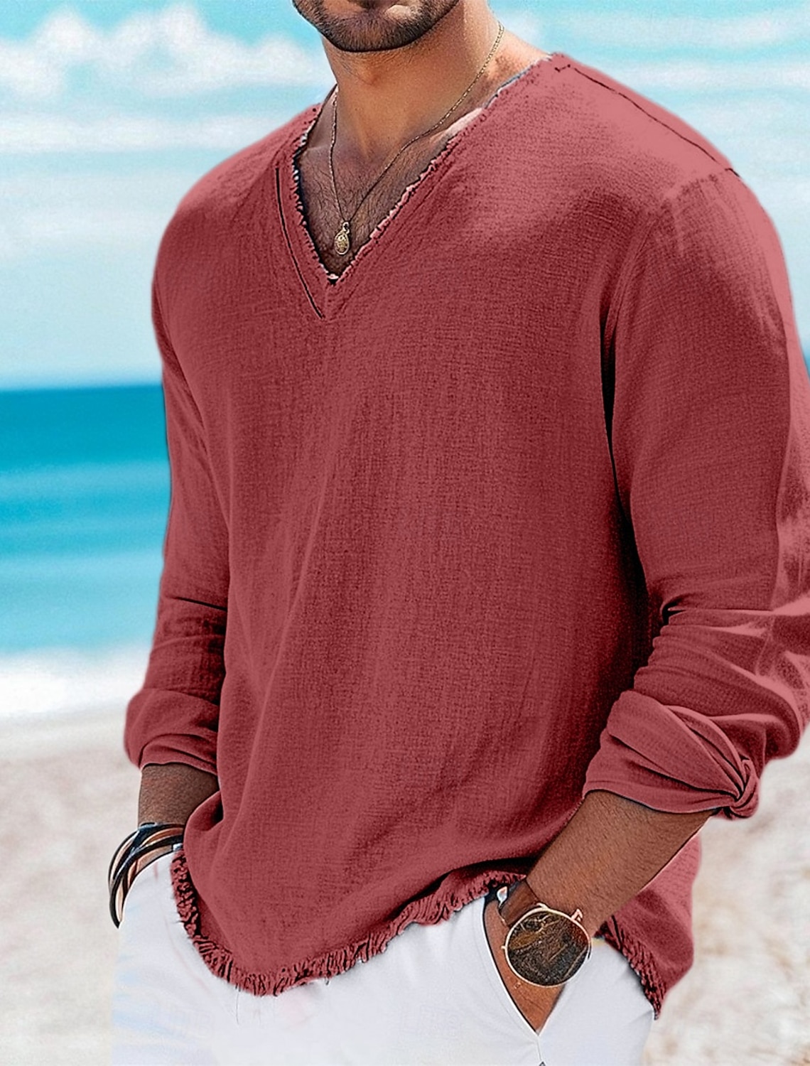 Men's Henley Shirt Tee Top Linen T-Shirt Long Sleeve Solid Color Plain