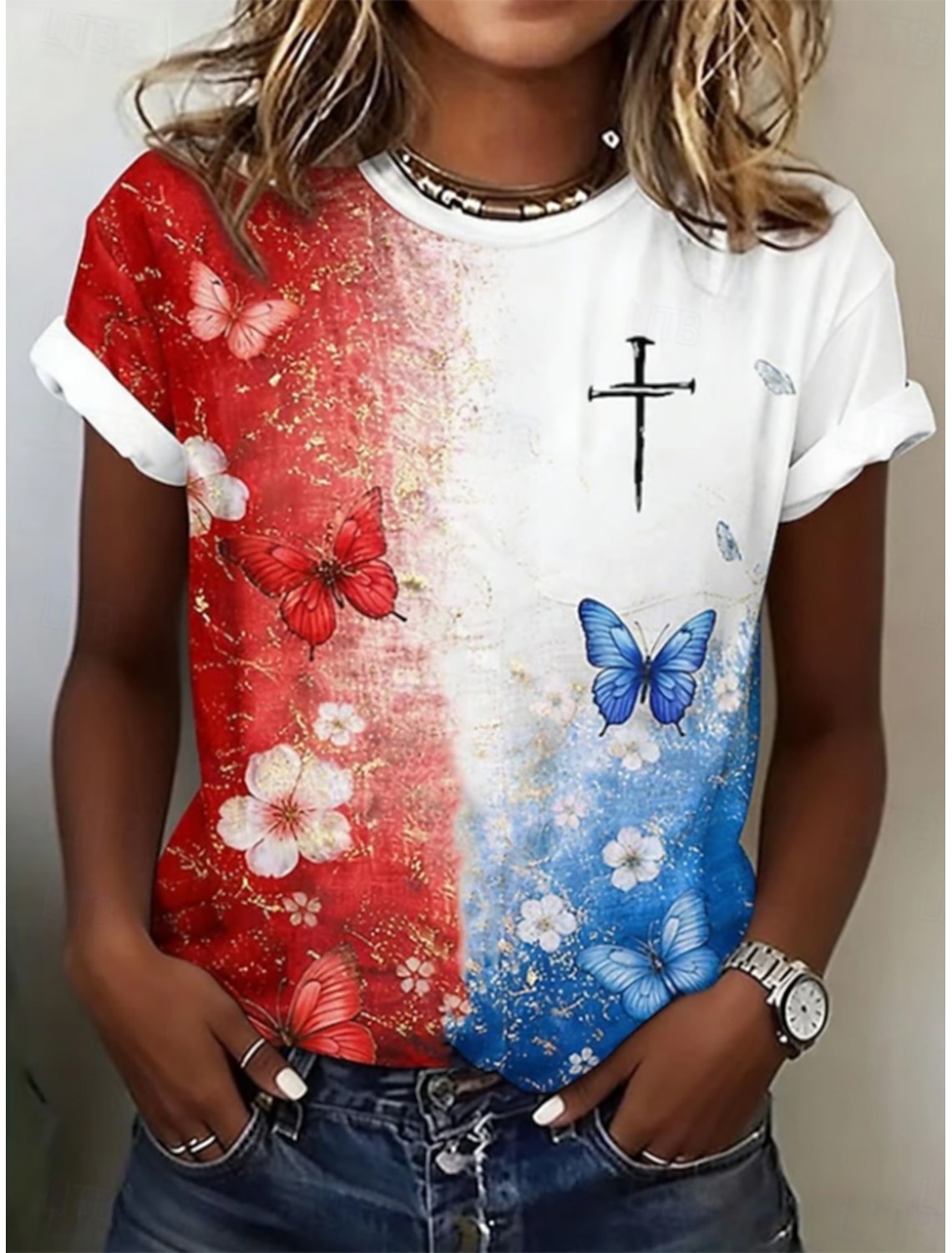 American Independence Day Women's T Shirt Print Graphic Plants Vintage Stylish Classic Short Sleeve Crew Neck Regular Tops Casual Daily Blue Brown Green Summer Spring PEACE