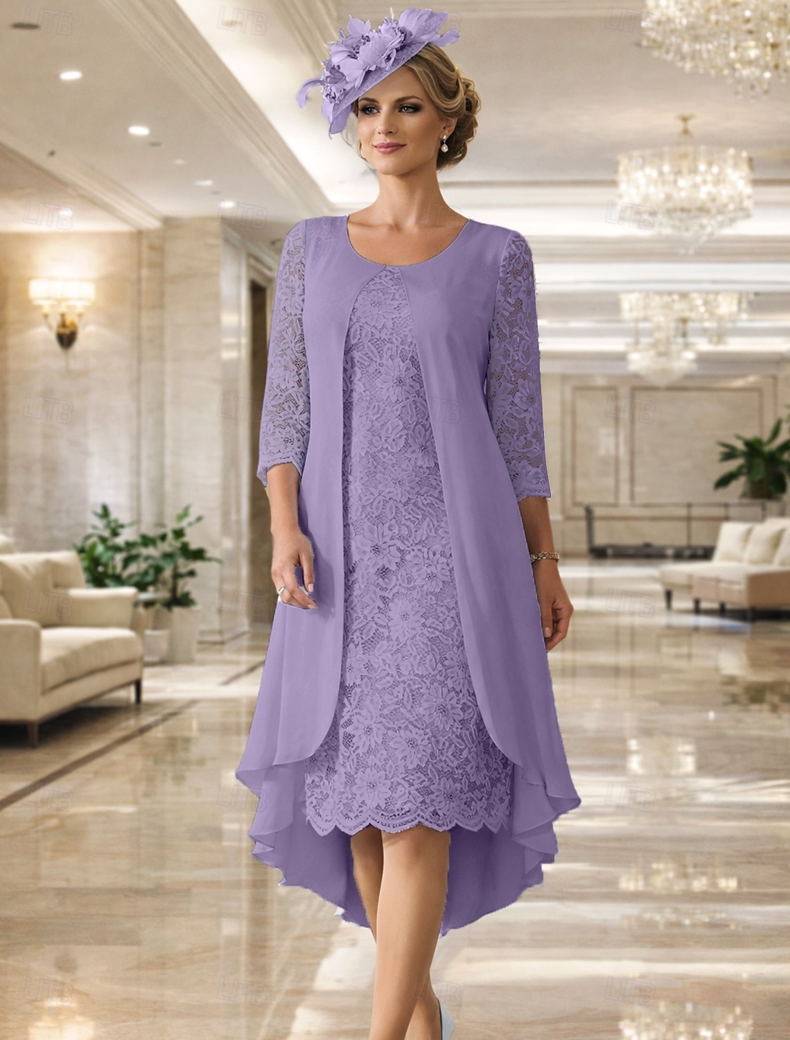 Two Piece A-Line Knee Length Wedding Guest Dress Mother of the Bride Dress Sleeveless Scoop Neck Elegant Wedding Guest Wedding Party Chiffon Lace Jacket Dresses with Pleats Appliques