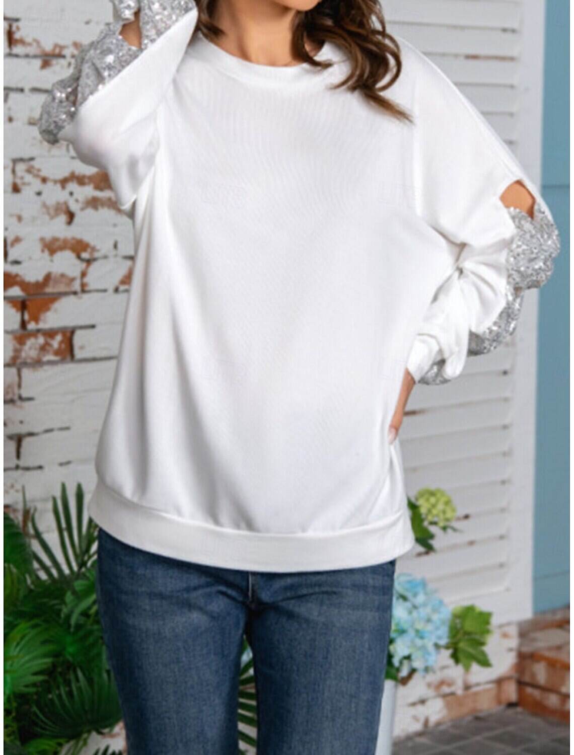Women's Shirt Blouse Basic Casual Solid Color Regular Tops Long Sleeve Crew Neck Sequins Patchwork Bow Regular Fit Daily Fall Winter