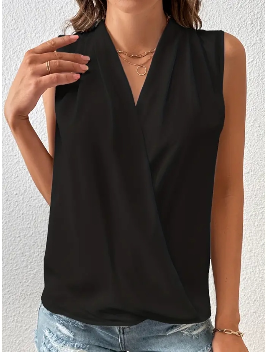 Women's Blouse Pleated Wrap Satin Solid / Plain Color Basic Casual V Neck Sleeveless Summer