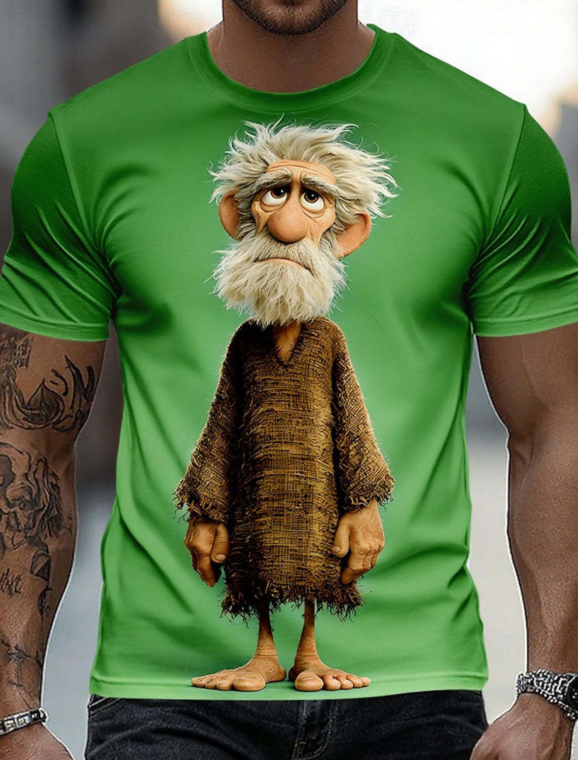 Funny 3D Graphic Cool Old Man with White Beard & Sunglasses Men's Teal T-Shirt - Quirky Grandpa Caricature Design Short Sleeve Crew Neck Summer Beach Holiday Tee - Unique Father's Day Gift Apparel