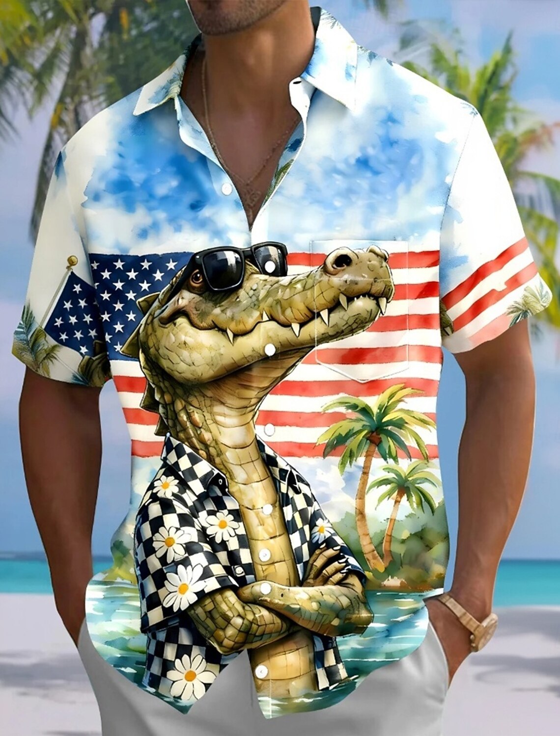 Men's Shark 4th of July U.S. 250th Anniversary American Flag Shirt Summer Shirt Button Up Shirt Short Sleeve Patriotic Outdoor Holiday Summer Spring Turndown 3D Print Collared Shirts Front One Pocket