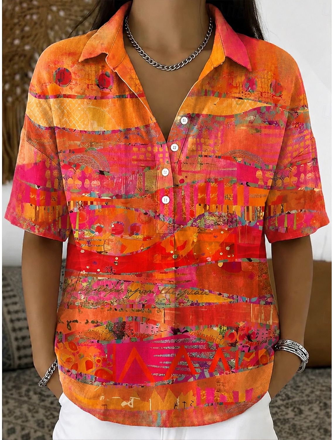Women's Shirt Buttons Print Graphic Geometric Abstract Vintage Daily Stylish Short Sleeve Turndown Long Tops Casual Daily Holiday Purple Orange Green Summer Spring
