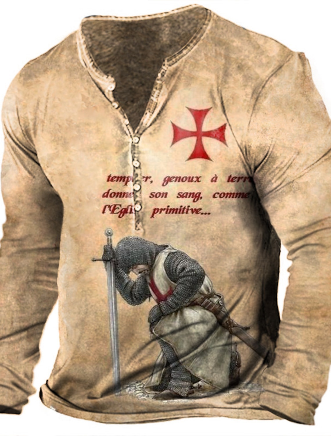 Men's T shirt Tee Henley Graphic Templar Cross Soldier Light Green Red