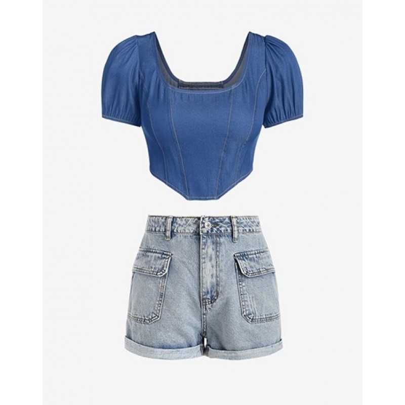 Topstitching Corset-style Chambray Puff Sleeve Top KZ9790