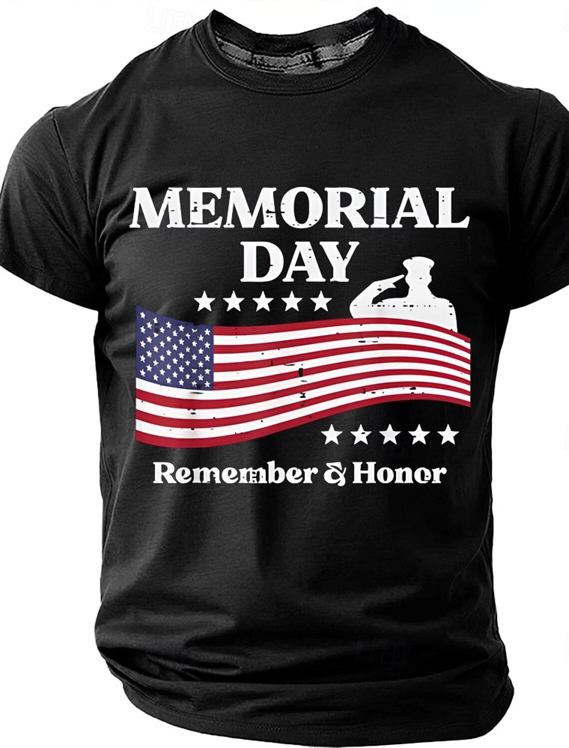 Memorial Day Remember & Honor Men's American Flag Saluting Soldier Patriotic Vintage Graphic T Shirt Short Sleeve Crew Neck Casual Tee Designer Clothing Apparel S M L XL XXL XXXL