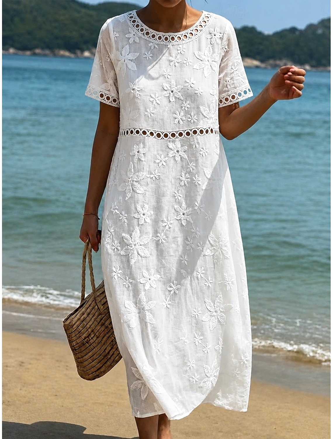 Women's Midi Dress Lace Dress White Dress Summer Dress Elegant Fashion Beach Vacation Holiday Loose Fit Floral Half Sleeve Crew Neck White Summer Spring