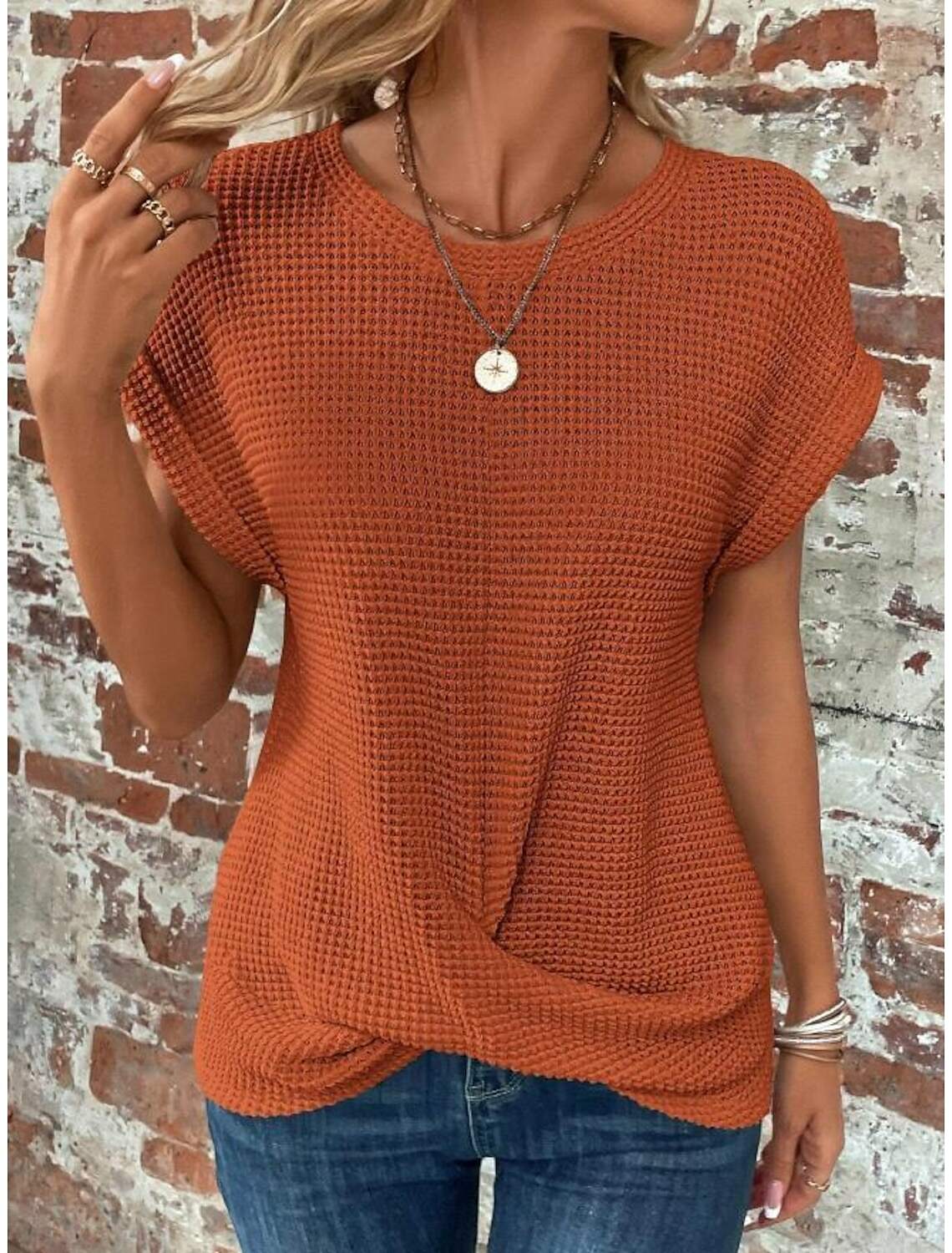 Women's Knitted Top V-neck Short Sleeve Elastic Soft Burnt Casual Loose Fit Versatile Spring Fall Clothing Apparel
