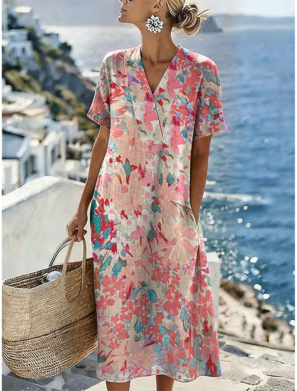 Women's Midi Dress Sundress Casual Dress Vacation Casual Beach Beach Loose Fit Floral Graphic Short Sleeve V Neck Blue Yellow Pink Purple Summer Spring