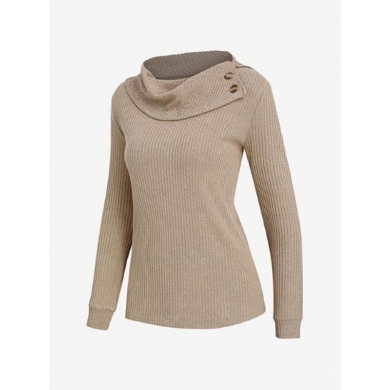 Turn Down Collar Buttoned Ribbed Knit Top CS9884