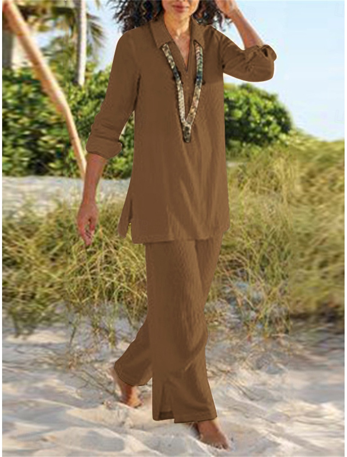 Women's Cotton Linen Sets Loungewear Sets Basic Casual Comfort Pure Color Shirt Pant Daily Home Vacation Long Sleeve Lapel Black Brown Khaki Dark Blue Summer Spring