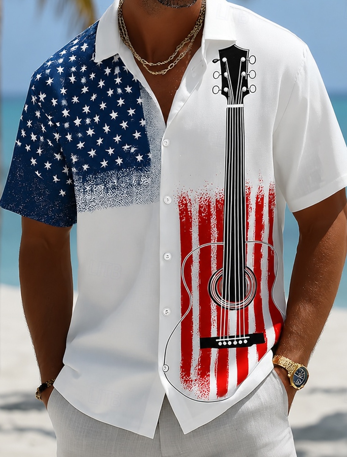 Men's 4th of July U.S. 250th Anniversary Guitar American Flag Shirt Summer Shirt Tropical Shirts Short Sleeve Patriotic Vacation Holiday Summer Spring Turndown 3D Print Button Up Shirts Blue Dark