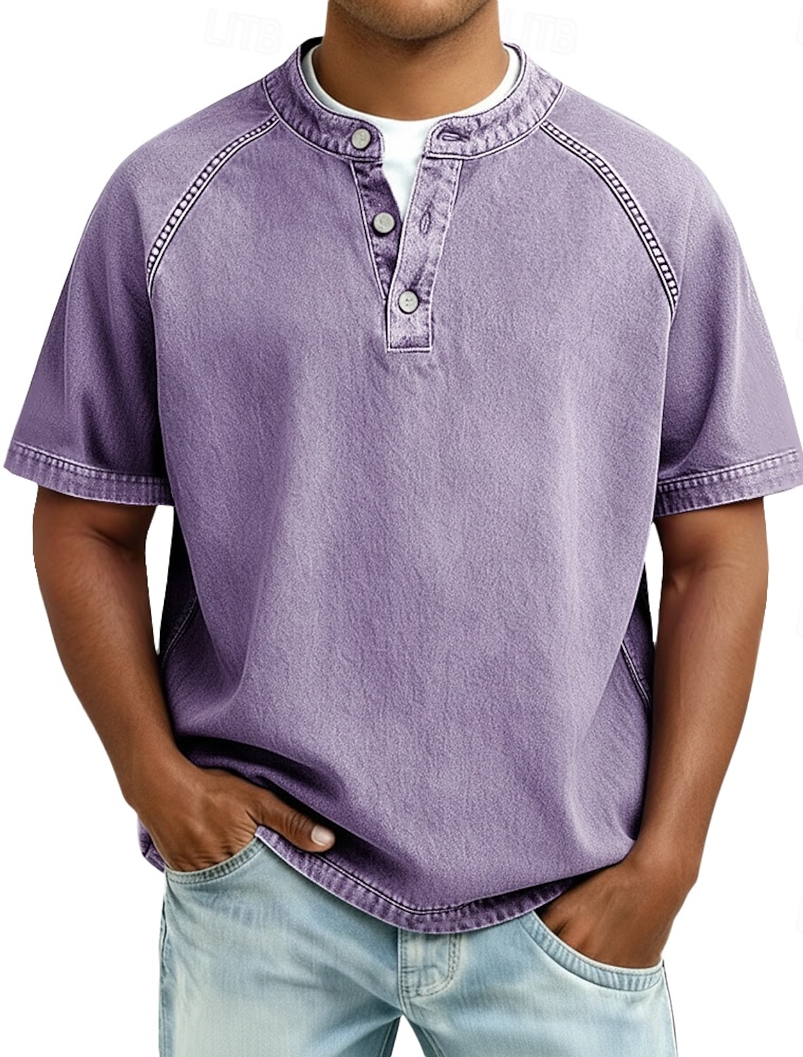 Men's T Shirt Henley 100% Cotton Acid Wash Tee Top Short Sleeve Plain